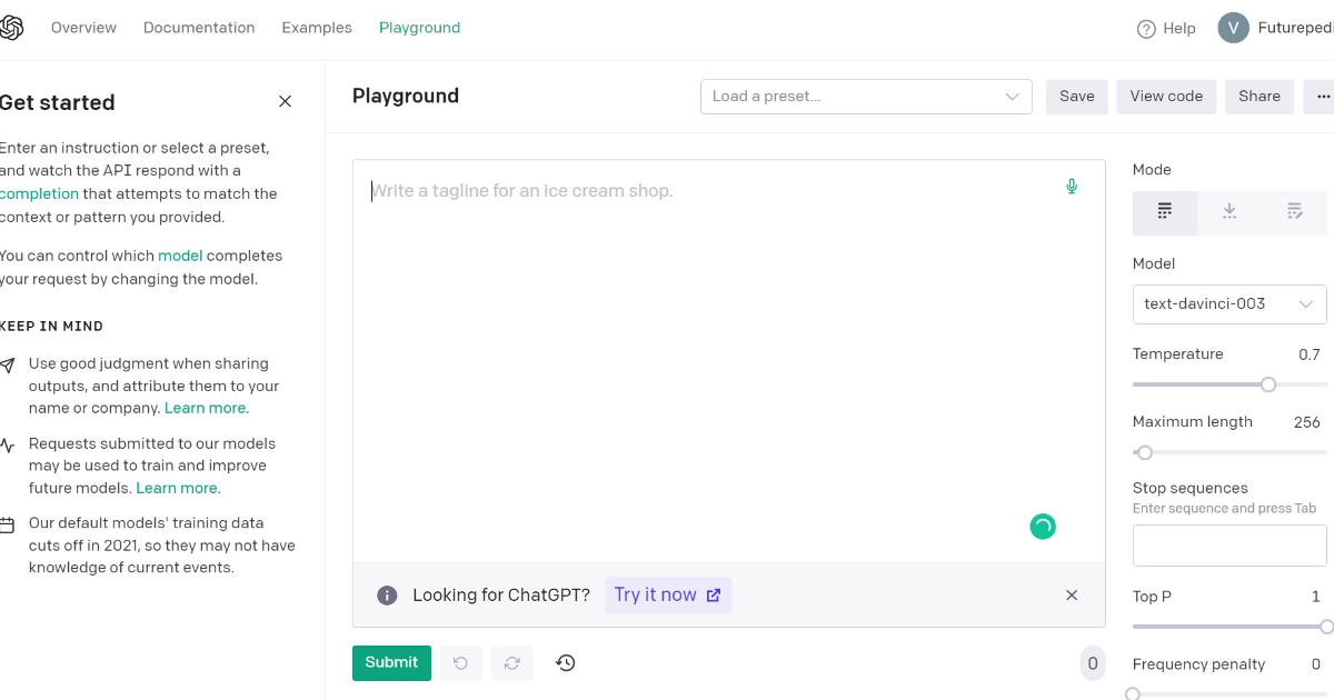 GPT-3 Playground screenshot 1